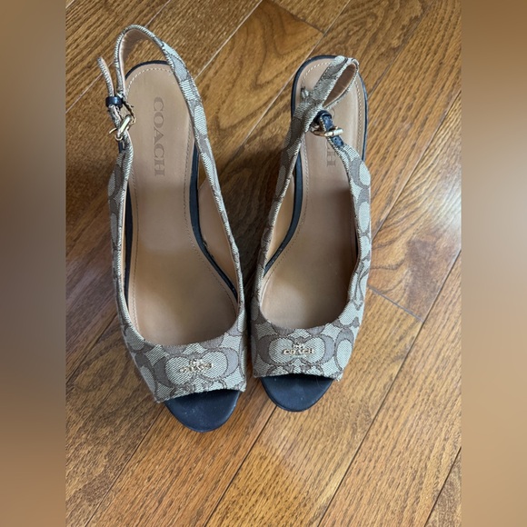 Coach Women's Logi Patterned Peep Toe Wedges - Tan and Black - Picture 1 of 4